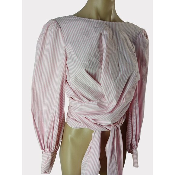 Wayf Tops - WAYF Dayna Tie Back Poplin Top Blouse Size S Striped Pink Wrap Long Sleeve Puff